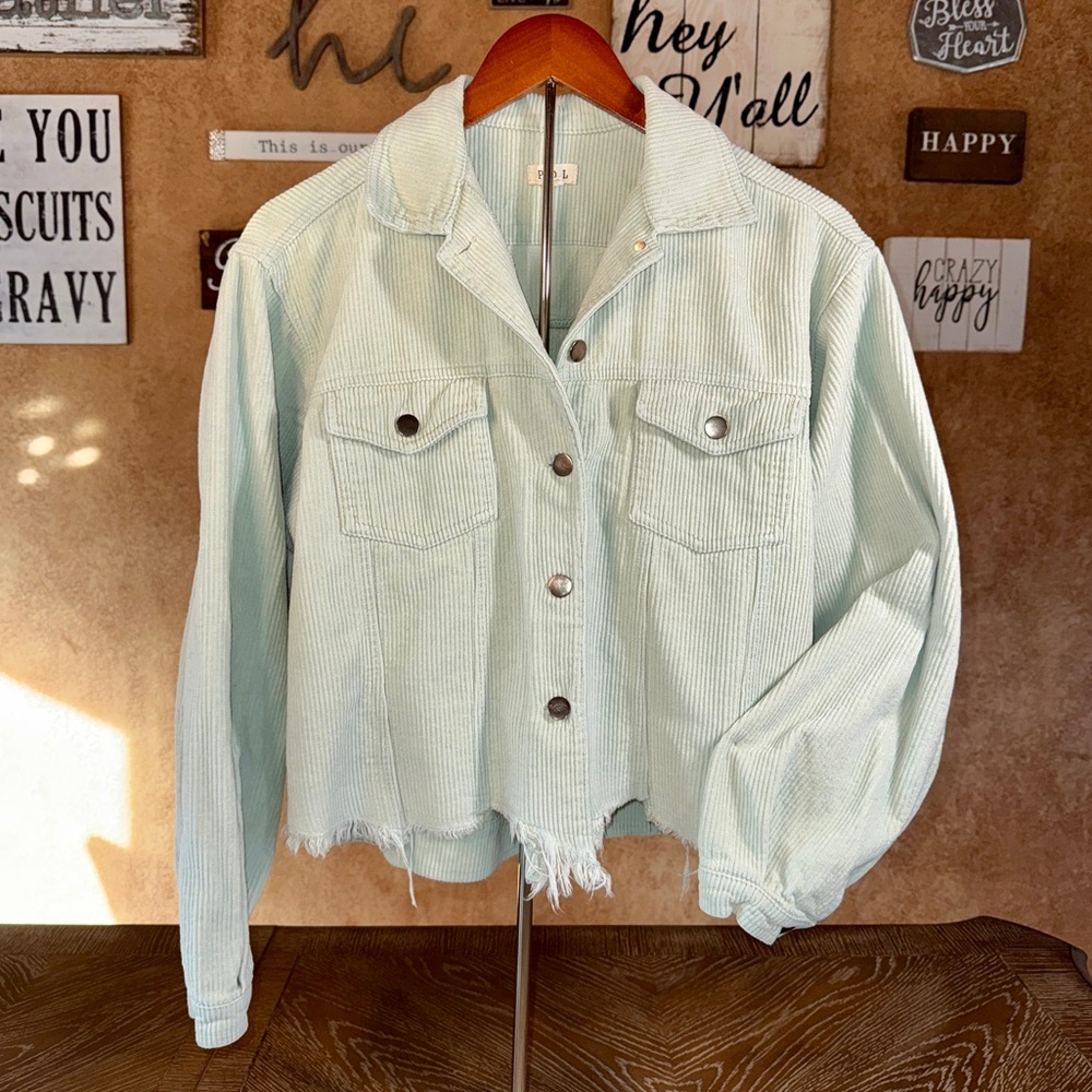 POL Dusty Sage Green Corduroy Jacket Cropped Raw Hem Boxy Oversized Size Small